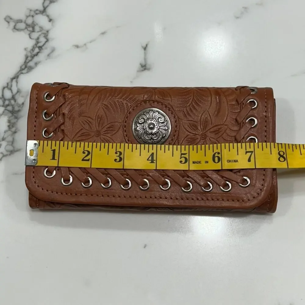 American West Handcrafted Leather Tooled Floral Concho Trifold Wallet Tan